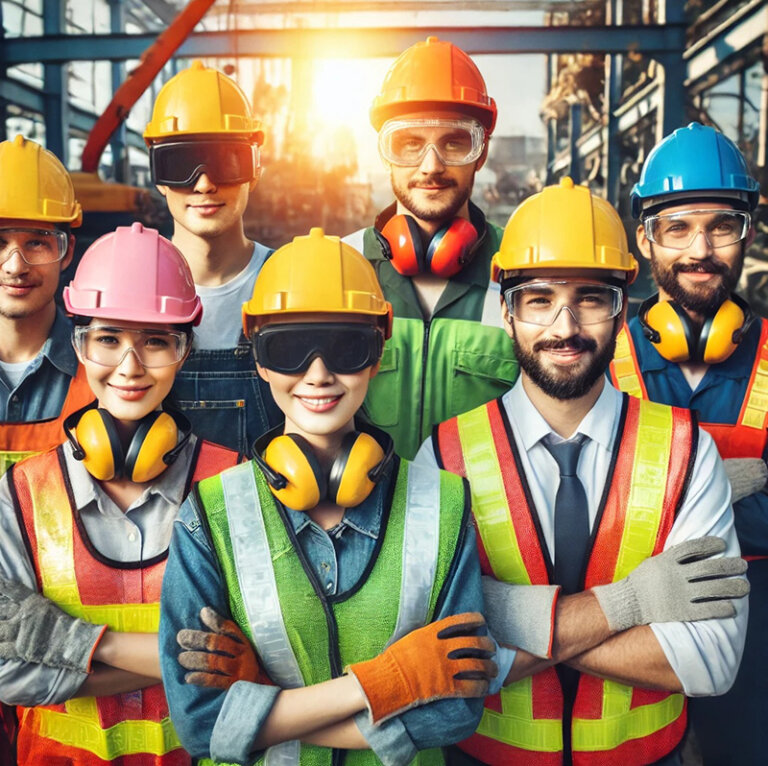 A group of workers in safety helmets and high-visibility gear, collaborating on a construction site, showcasing the importance of proper PPE for workplace safety and compliance with international standards.