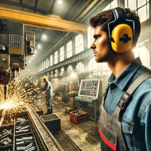 Hearing protection with earmuffs and earplugs in noisy industrial environments for employee safety