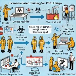 Workers participating in scenario-based PPE safety training, wearing helmets, reflective vests, and gloves, improving workplace safety practices.