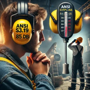 Worker wearing both earmuffs and earplugs for hearing protection in a noisy industrial environment
