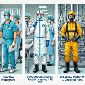 Three workers from different industries wearing appropriate disposable PPE in their respective work environments: healthcare, food processing, and chemical industry.