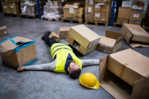 Worker injured by falling object, with safety helmet lying on the ground, emphasizing the importance of head protection in high-risk environments
