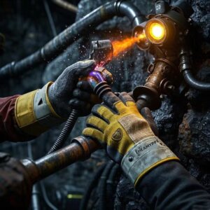 a miner wearing chemyppe gloves while handling equipment