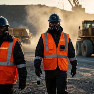 Workers clad in reflective safety vests operate amidst the rugged terrain of the surface mining operation.