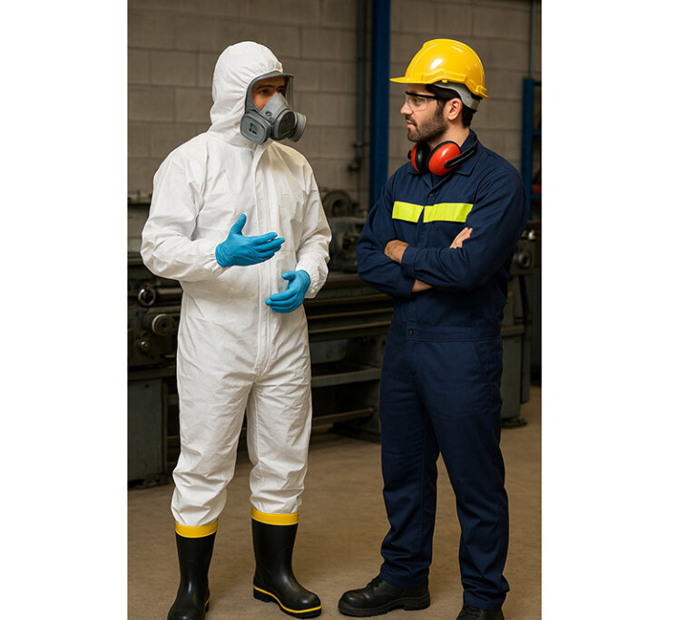 Two industrial workers comparing PPE usage, one overdressed in full protective suit, the other in task-appropriate gear.