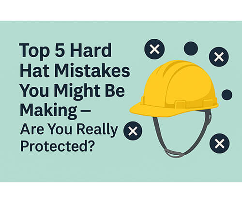 Top 5 common hard hat mistakes illustrated with a yellow helmet and warning symbols