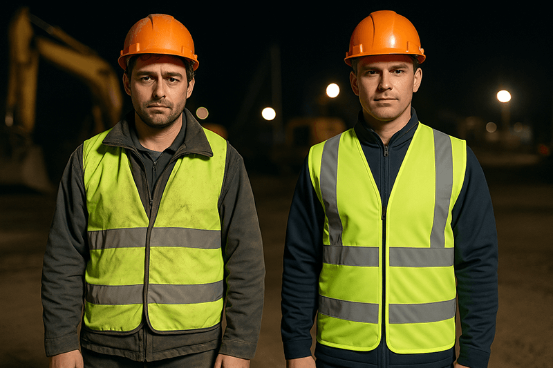 Two construction workers at night, one wearing a reflective vest correctly and the other improperly, showing the difference in visibility and safety.