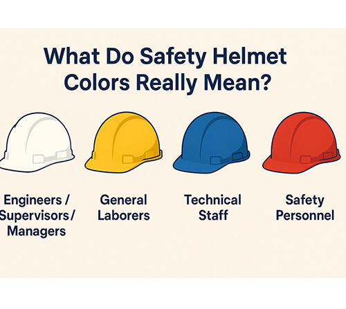 Infographic showing white, yellow, blue, and red safety helmets with role labels: engineers, general laborers, technical staff, and safety personnel.