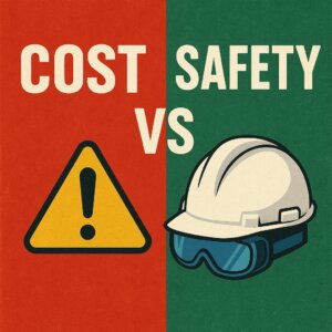 Digital graphic showing the balance between PPE cost and workplace safety, with bold text ‘Cost’ and ‘Safety’ separated by a warning sign, hard hat, and goggles.