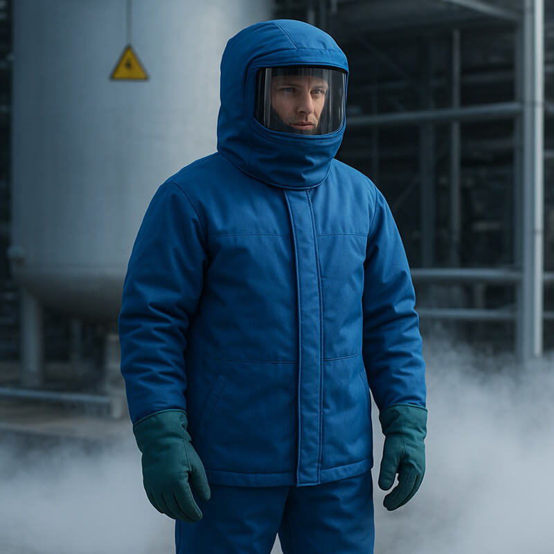Worker in blue cryogenic protective clothing standing near liquid nitrogen storage tanks for cold protection.