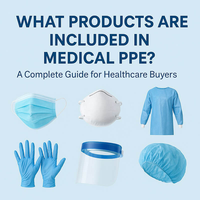 Infographic showing essential medical PPE items such as masks, gloves, gowns, face shields, and goggles for healthcare workers.
