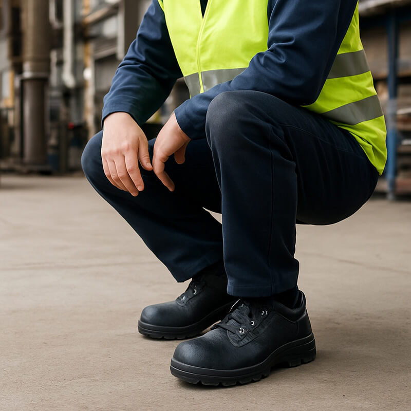 Worker wearing certified safety shoes in an industrial environment, illustrating EN ISO 20345 footwear protection.