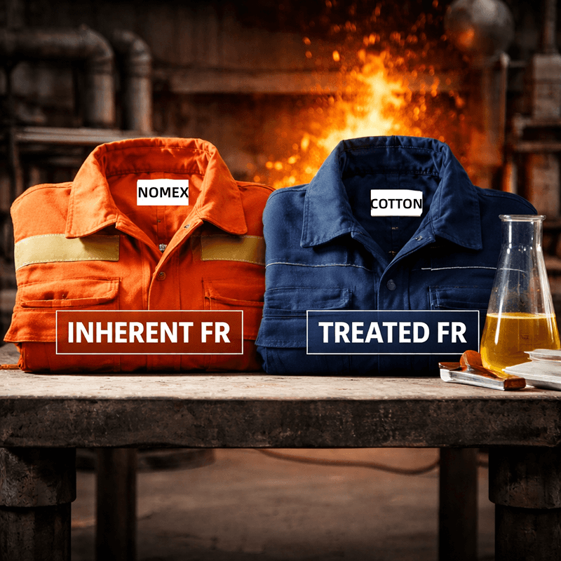 Two flame-resistant garments on a table, showing inherent FR (Nomex) and treated FR (cotton) fabrics in an industrial setting with subtle background flames, highlighting thermal protection differences.