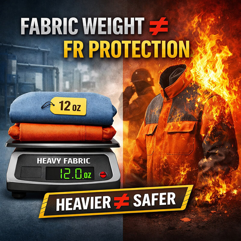 A digital illustration showing two folded FR garments on a scale labeled 12 oz on the left, and a worker wearing flame resistant clothing in flames on the right, highlighting that heavier fabric does not mean safer protection.