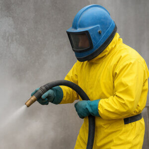 Industrial worker wearing full sandblasting PPE, including helmet, gloves, and protective suit, operating sandblasting equipment with dust around.