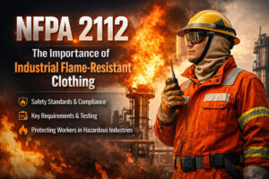 Worker wearing NFPA 2112 certified flame-resistant clothing, gloves, and helmet, standing in front of an industrial plant with flames, representing fire safety and protection.