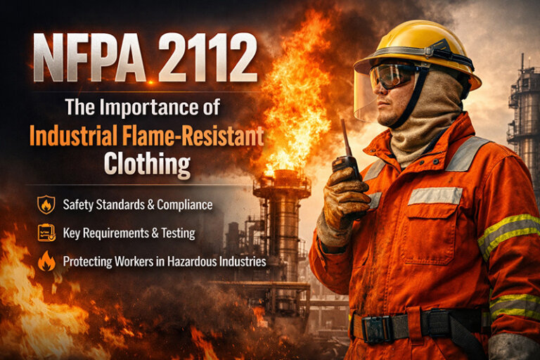 Worker wearing NFPA 2112 certified flame-resistant clothing, gloves, and helmet, standing in front of an industrial plant with flames, representing fire safety and protection.
