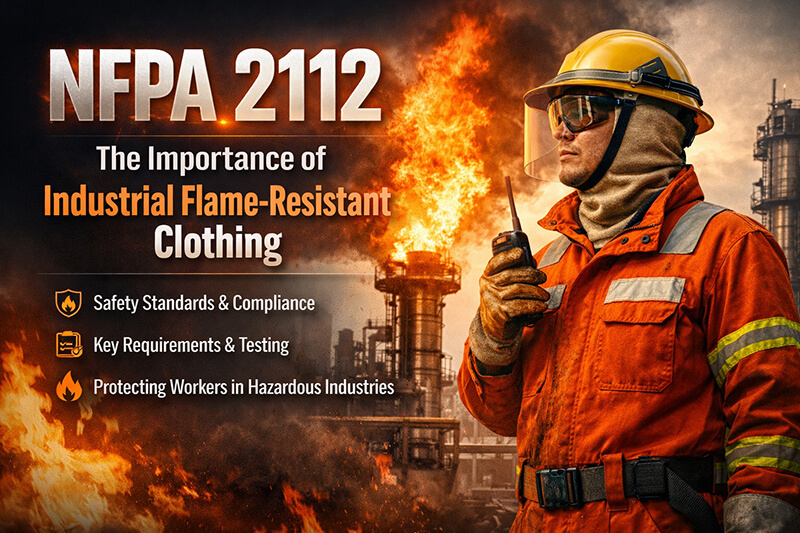 Worker wearing NFPA 2112 certified flame-resistant clothing, gloves, and helmet, standing in front of an industrial plant with flames, representing fire safety and protection.