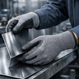 Worker wearing cut-resistant safety gloves while handling sharp metal sheets in an industrialenvironment