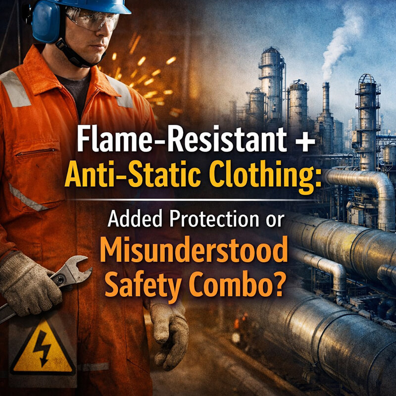 Worker wearing flame-resistant and anti-static protective clothing holding a wrench, with industrial plant background and sparks, illustrating PPE safety considerations.