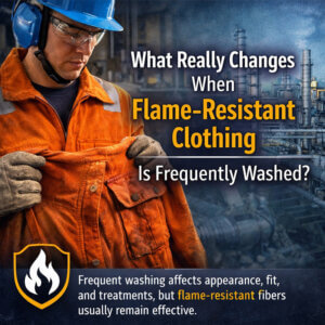 Industrial worker wearing flame-resistant protective clothing inspecting a slightly worn garment, emphasizing the effects of repeated washing on safety and appearance.