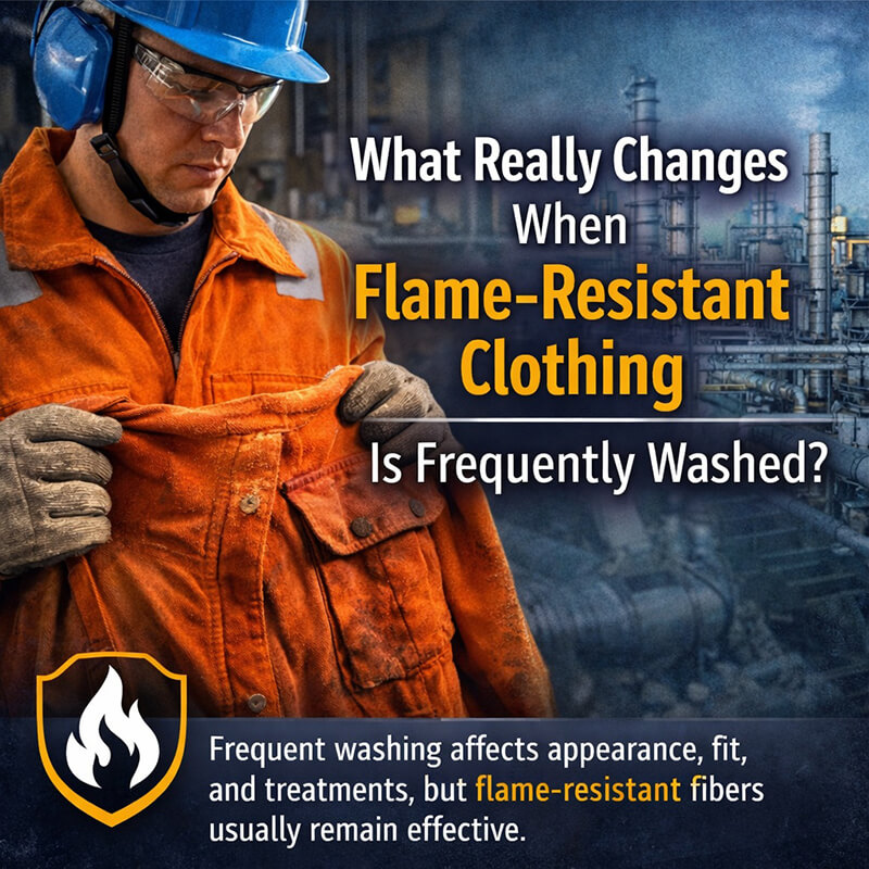 Industrial worker wearing flame-resistant protective clothing inspecting a slightly worn garment, emphasizing the effects of repeated washing on safety and appearance.