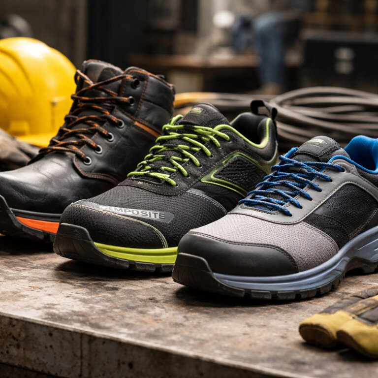 Three types of safety shoes (steel toe, composite toe, aluminum toe) displayed on a workshop bench with industrial tools, showing their material and protective design.