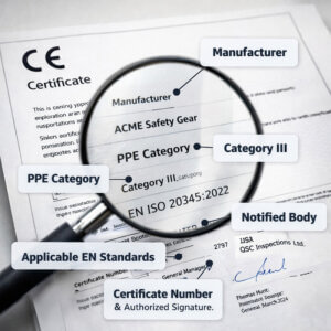 CE certificate for PPE compliance with key sections highlighted: Manufacturer, PPE Category, EN Standards, Notified Body, Certificate Number, and Signature