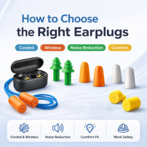 Different earplug types from CHEAMY PPE, including corded, wireless, Christmas tree, bullet, cylindrical, conical, and earphone-style, with icons showing noise reduction, comfort, and work safety.