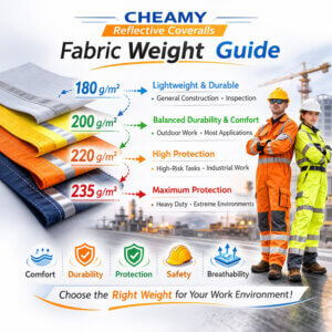 CHEAMY reflective coverall fabric weight comparison (white background)