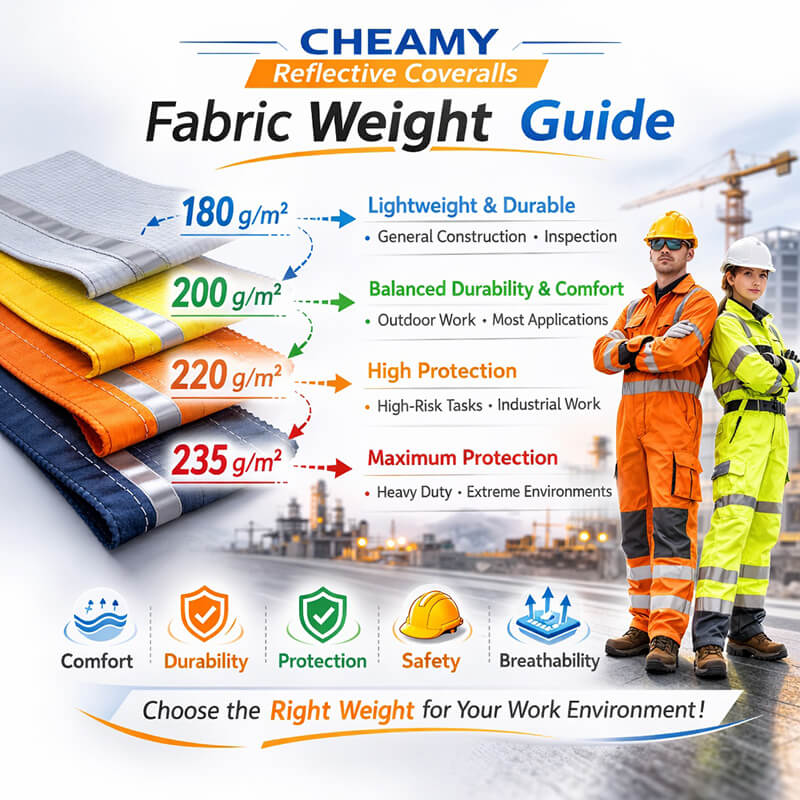 CHEAMY reflective coverall fabric weight comparison (white background)