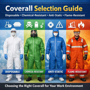 Four workers wearing different coveralls: white disposable, green chemical-resistant, blue anti-static, and orange flame-resistant, each labeled for specific work environments, on color-coded backgrounds.