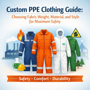 Illustration of various PPE clothing types such as coveralls and two-piece suits with icons representing flame-resistant, chemical-resistant, and anti-static materials, emphasizing safety, comfort, and durability.