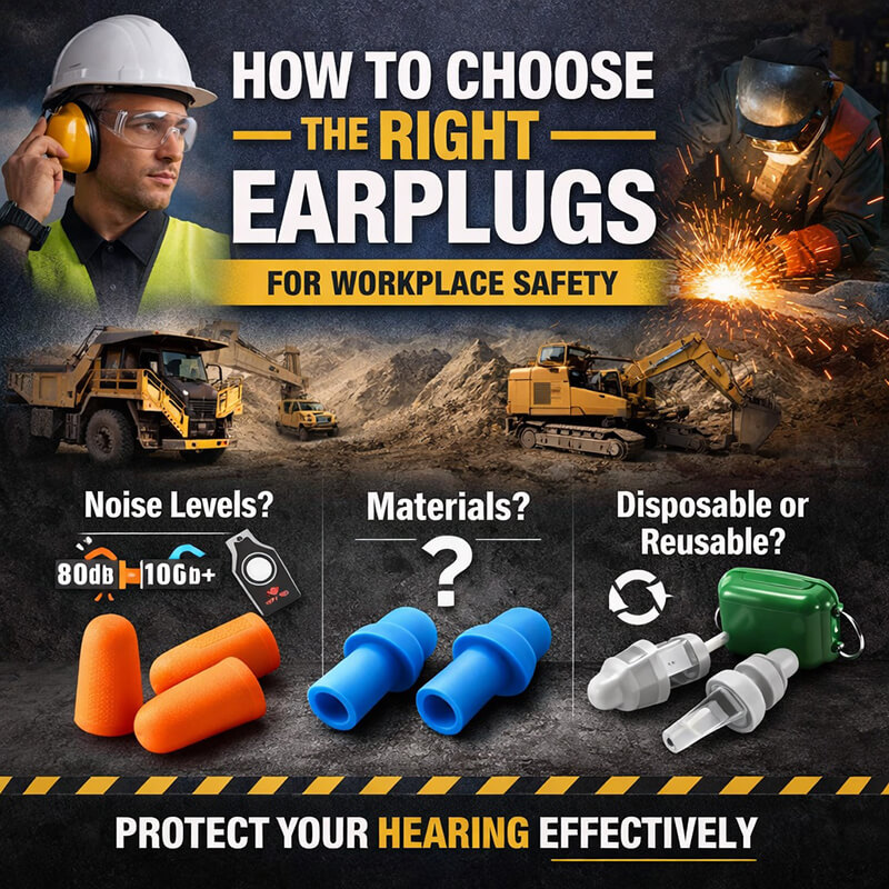 Earplugs infographic with foam, silicone, and reusable options, illustrating how to select the right earplugs for workplace safety.