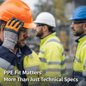 Three workers on a construction site wearing properly fitted PPE, including gloves, helmets, and reflective jackets, illustrating the importance of PPE fit beyond technical specifications.