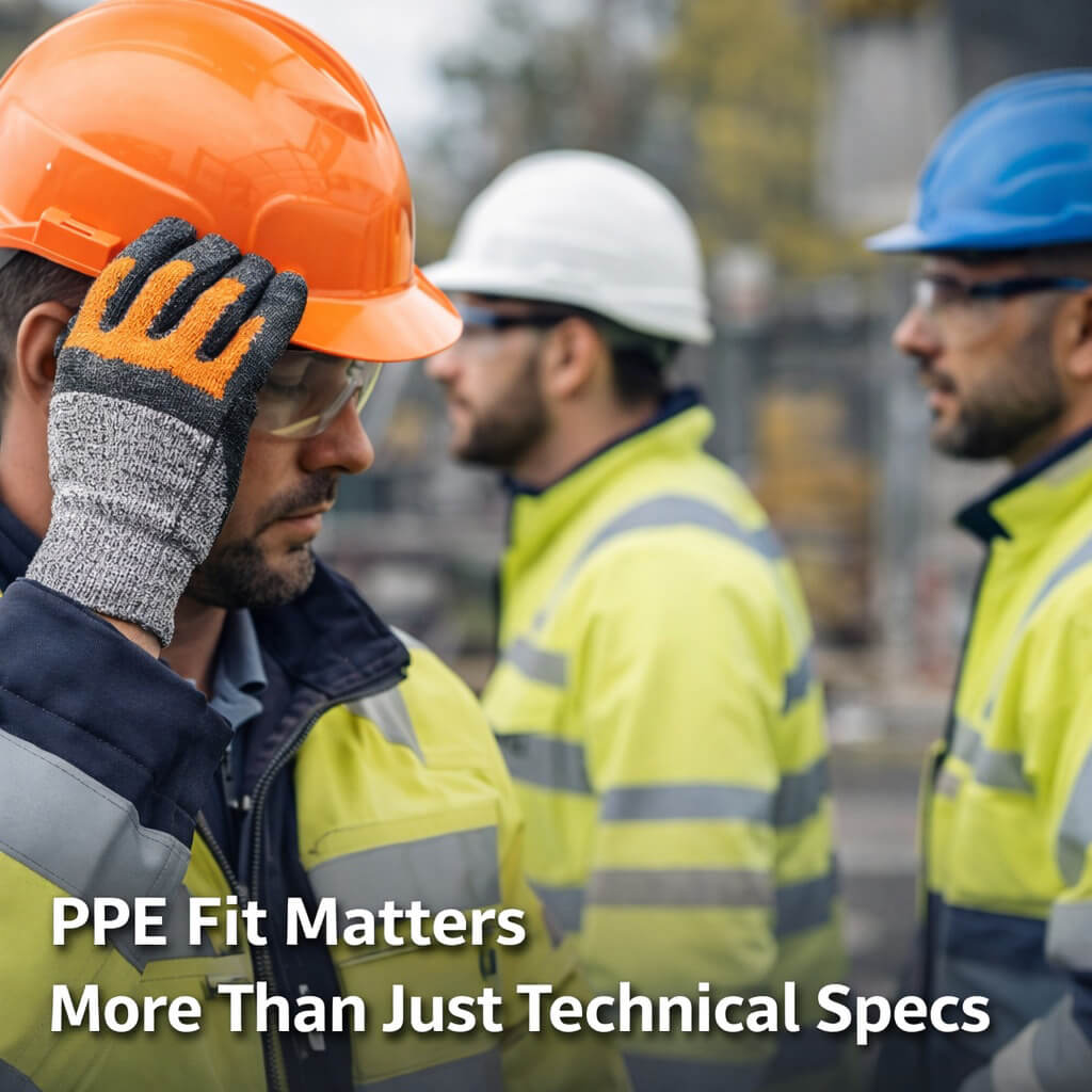 Three workers on a construction site wearing properly fitted PPE, including gloves, helmets, and reflective jackets, illustrating the importance of PPE fit beyond technical specifications.