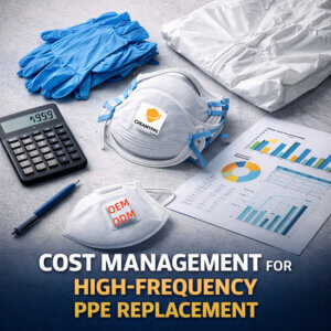 PPE items such as gloves, masks, and protective clothing with cost calculation charts and a calculator, representing high-frequency PPE replacement and budget management.