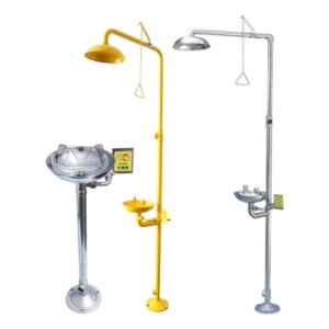 Stainless steel emergency shower and eyewash station compliant with ANSI Z358.1-2014, used in chemical labs and industrial workplaces for eye and body protection