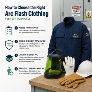 Arc-rated clothing with gloves, helmet and safety goggles for electrical arc flash protection