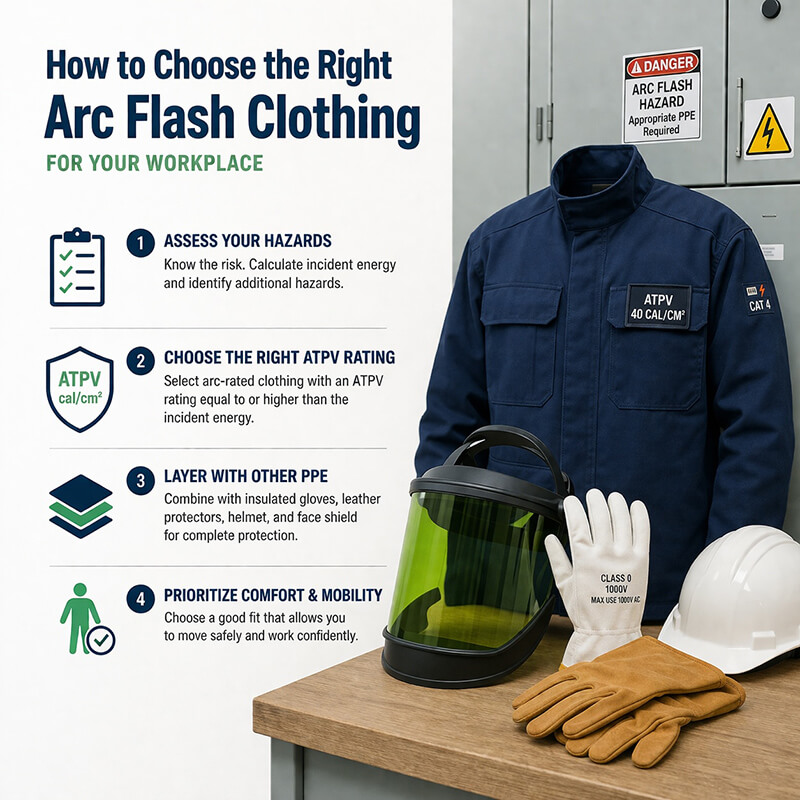Arc-rated clothing with gloves, helmet and safety goggles for electrical arc flash protection