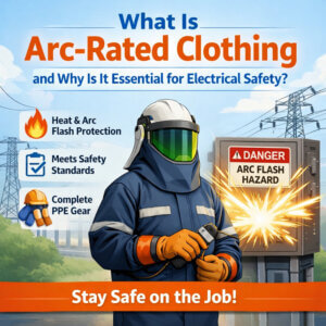 Worker wearing arc-rated clothing and PPE near an electrical arc flash hazard panel for electrical safety protection