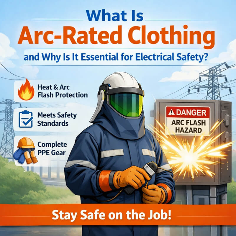 Worker wearing arc-rated clothing and PPE near an electrical arc flash hazard panel for electrical safety protection