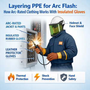 Electrical worker wearing arc-rated clothing, insulated rubber gloves and leather protector gloves to demonstrate proper PPE layering for arc flash protection