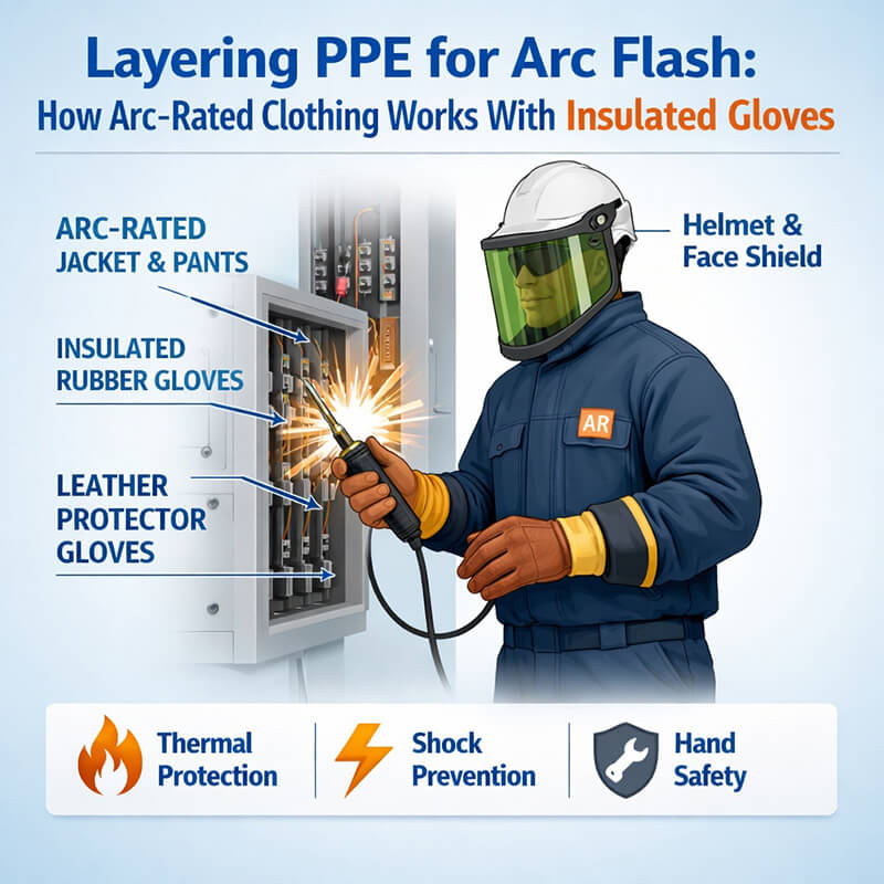 Electrical worker wearing arc-rated clothing, insulated rubber gloves and leather protector gloves to demonstrate proper PPE layering for arc flash protection