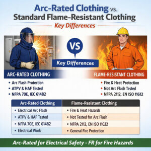 Arc-rated clothing vs flame-resistant clothing comparison chart showing key differences in protection, standards, and use cases for workplace safety