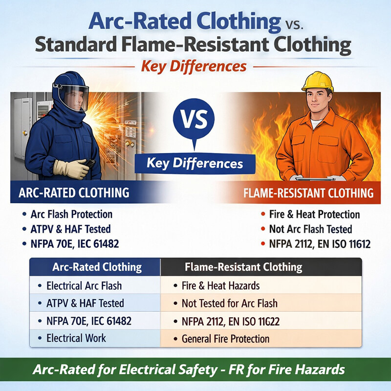 Arc-rated clothing vs flame-resistant clothing comparison chart showing key differences in protection, standards, and use cases for workplace safety
