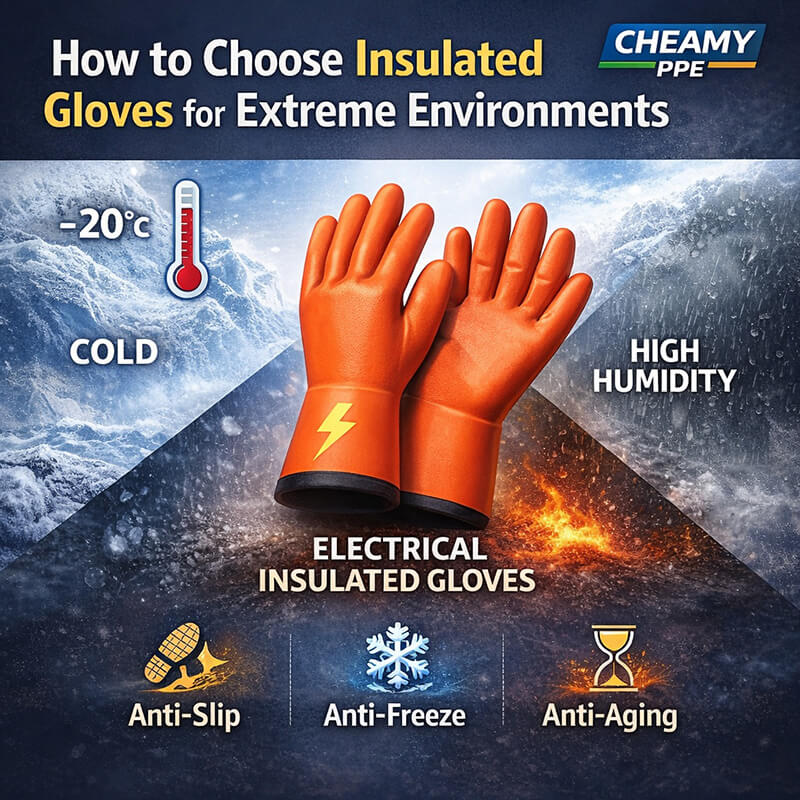 Orange electrical insulated glove in cold and high humidity environments, showing anti-slip, anti-freeze, and anti-aging features