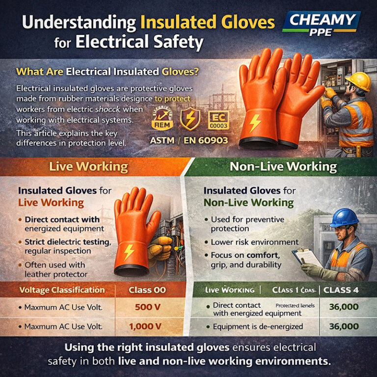 Bright orange electrical insulated gloves with a split view: left side shows live working environment with energized equipment, right side shows non-live working environment with de-energized equipment and safety signs