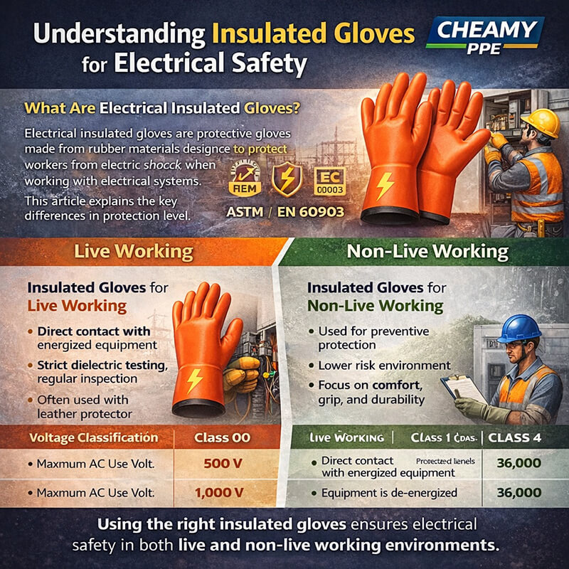 Bright orange electrical insulated gloves with a split view: left side shows live working environment with energized equipment, right side shows non-live working environment with de-energized equipment and safety signs