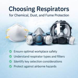 Different types of respirators including disposable mask, half mask and full face respirator for chemical, dust and fume protection